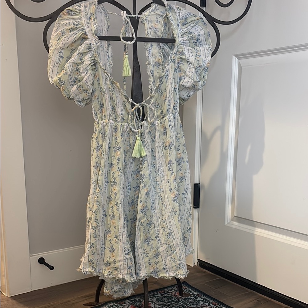Free People Blue and White Chemise with Empire Waist